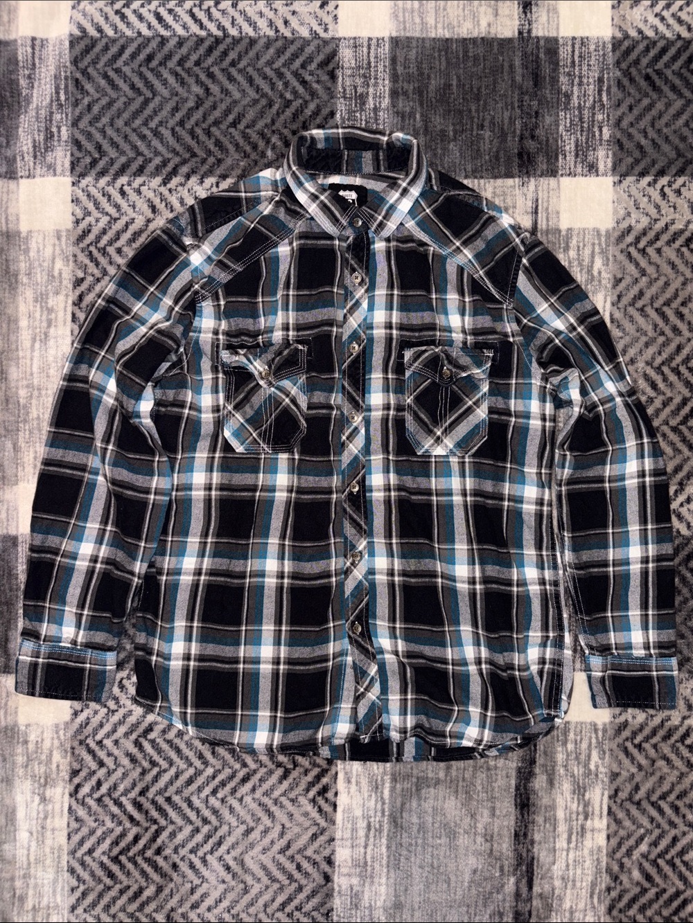 Route 66 Black Plaid Button-Down Shirt with Teal and White Stripes